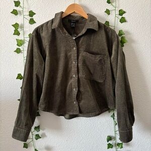 NWT Forever 21 Womens Olive Green Cropped Corduroy Button-Up Shirt Jacket Size M